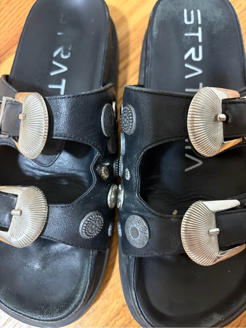 STRATEGIA Black Leather Slide Sandals with Silver Buckles